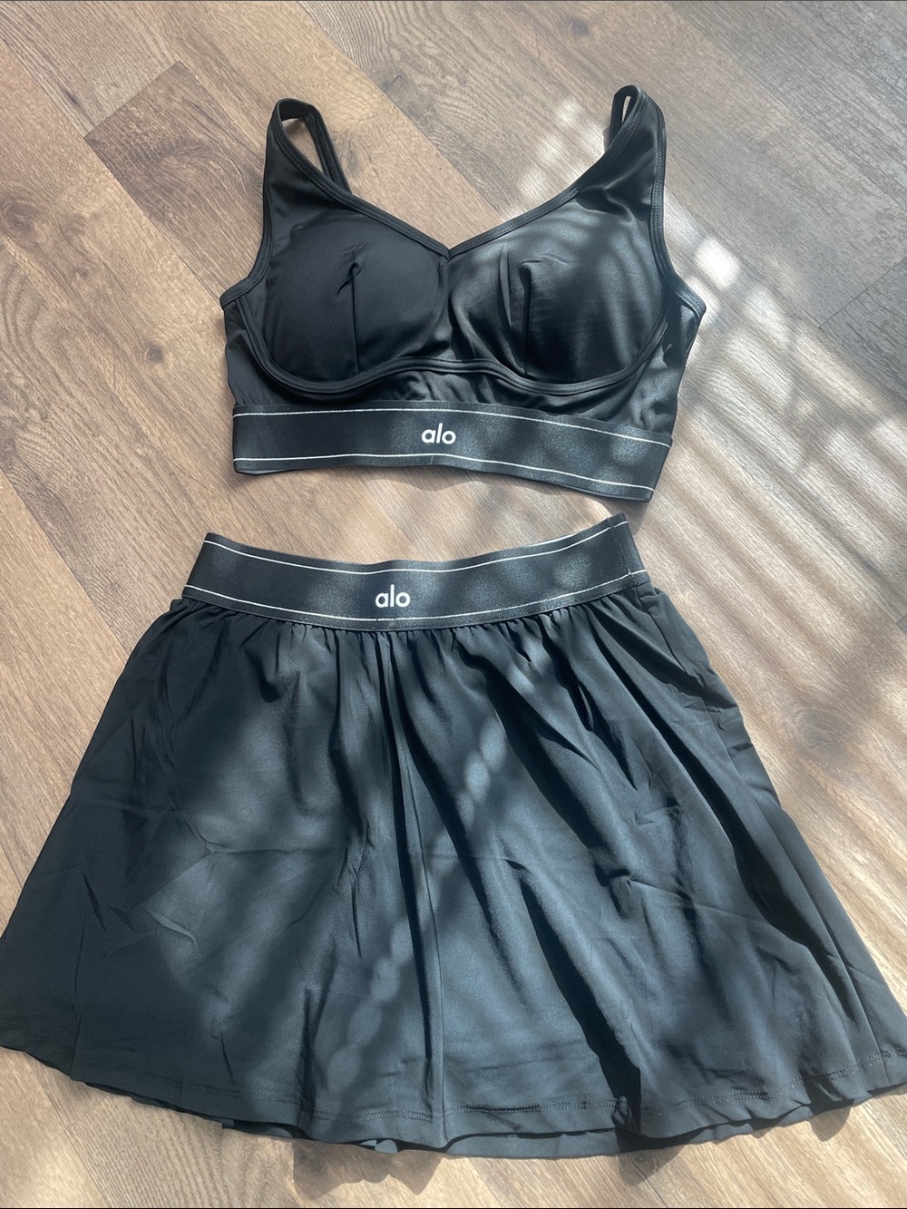 ALO Yoga Black Skirt with Matching Crop Top Set